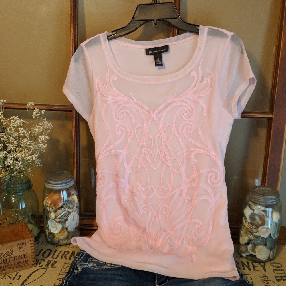Inc blouse. Pink/sheer with camousille